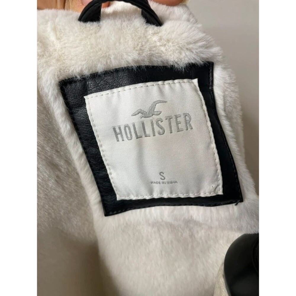 Hollister Black Faux Leather Aviator Jacket White Faux Fur Shearling Size Small - Picture 8 of 9